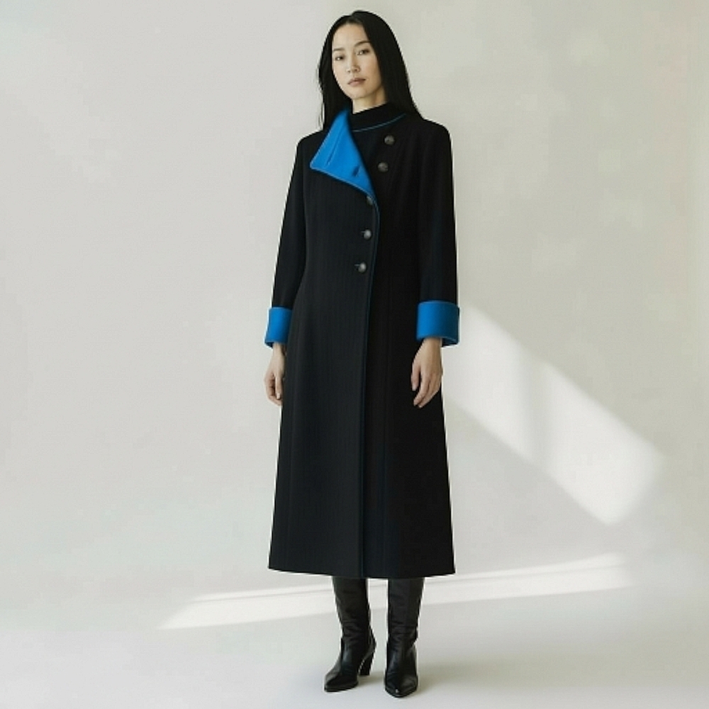 80's Vintage Pauline Trigere Wool Coat In Black Blue Size 10 - 6